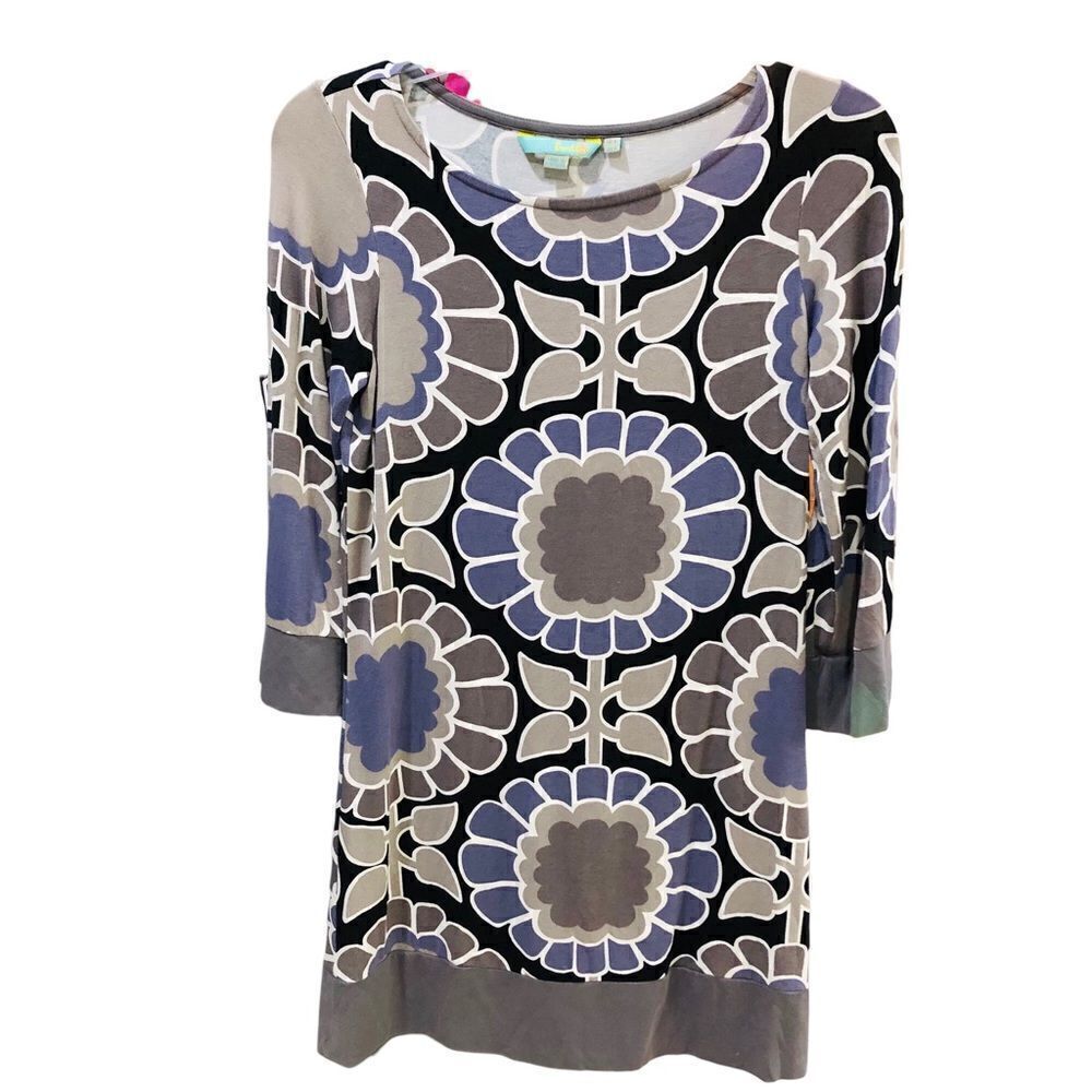 Boden Retro Gray Purple Foral Print 3/4 Sleeve Pullover Dress Sz 4